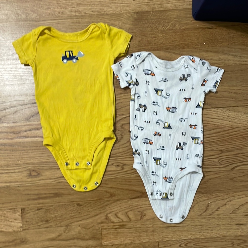 Two baby boy construction vehicle bodysuits